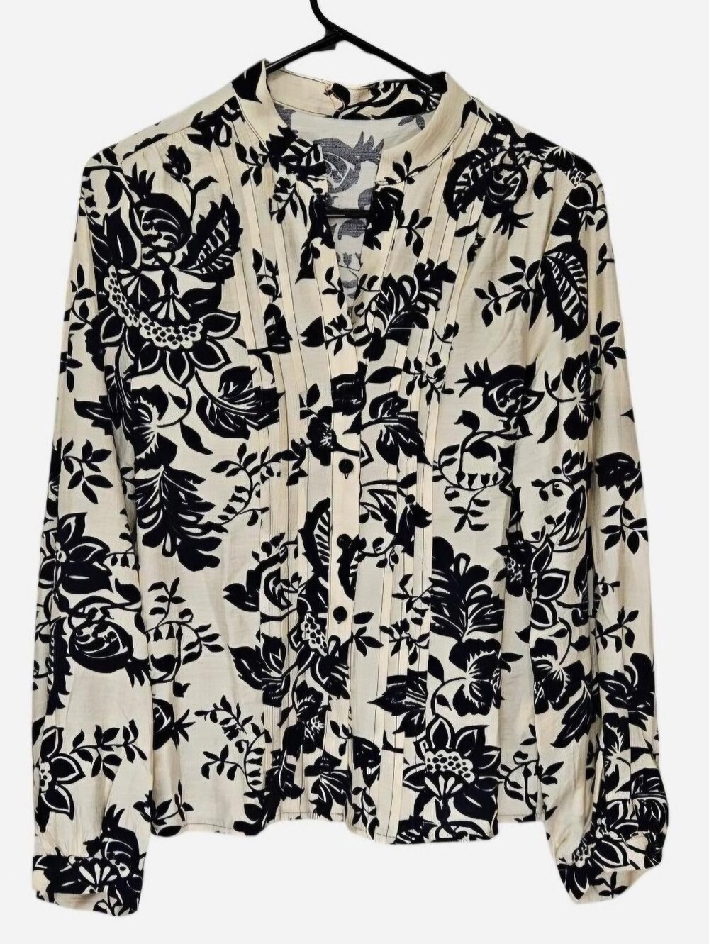 Lovesoft black floral print on cream button up shirt v-neck Women's Small NEW